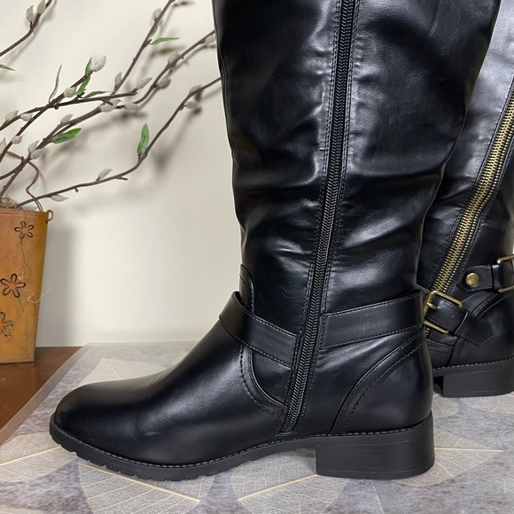 Charlotte Russe Corryn Edgy Wide-Calf Asymmetrical Gold Zipper Buckled Moto Boot - Picture 14 of 16